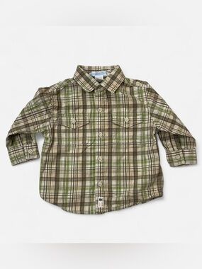 Janie and Jack Olive Green & Brown Plaid Button-Down Shirt